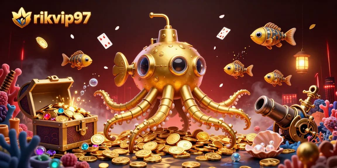 Play engaging casino games at rikvip97, featuring a vibrant kraken submarine and sparkling treasures.