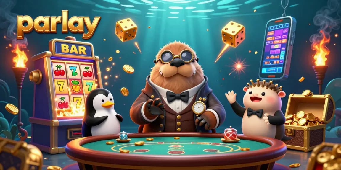 Parlay your bets with a jolly walrus, penguin dealer, and bluffing pufferfish in this vibrant casino scene.