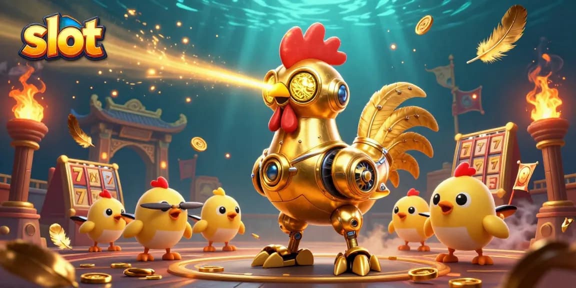 Engage with slot game adventures featuring a golden rooster robot and baby chick drones in a dynamic casino scene.