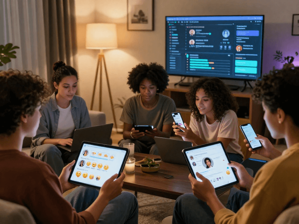 AI porn chat engagement scene with diverse users interacting on devices in a cozy setting.
