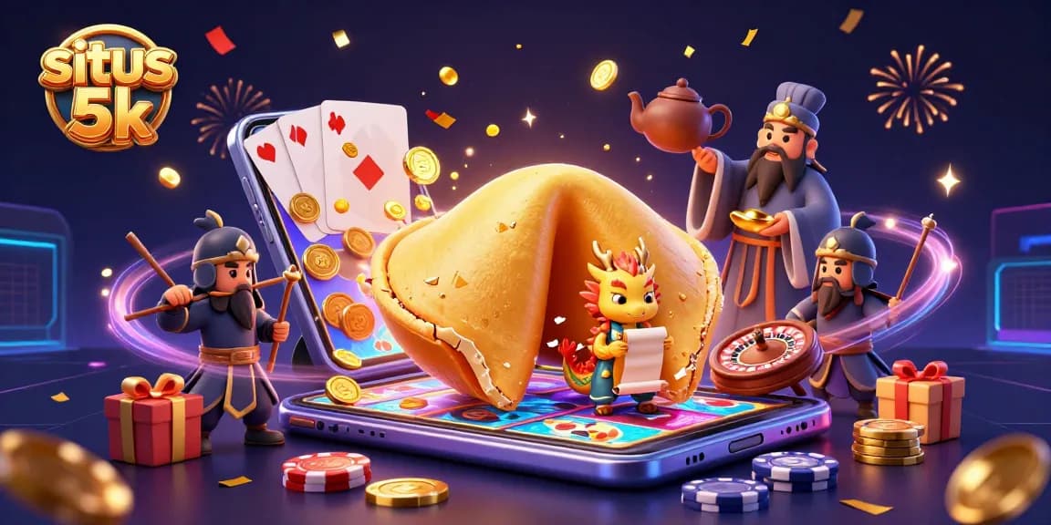 Experience exciting gameplay at situs 5k with golden fortune cookie characters surrounded by colorful slot gaming elements.
