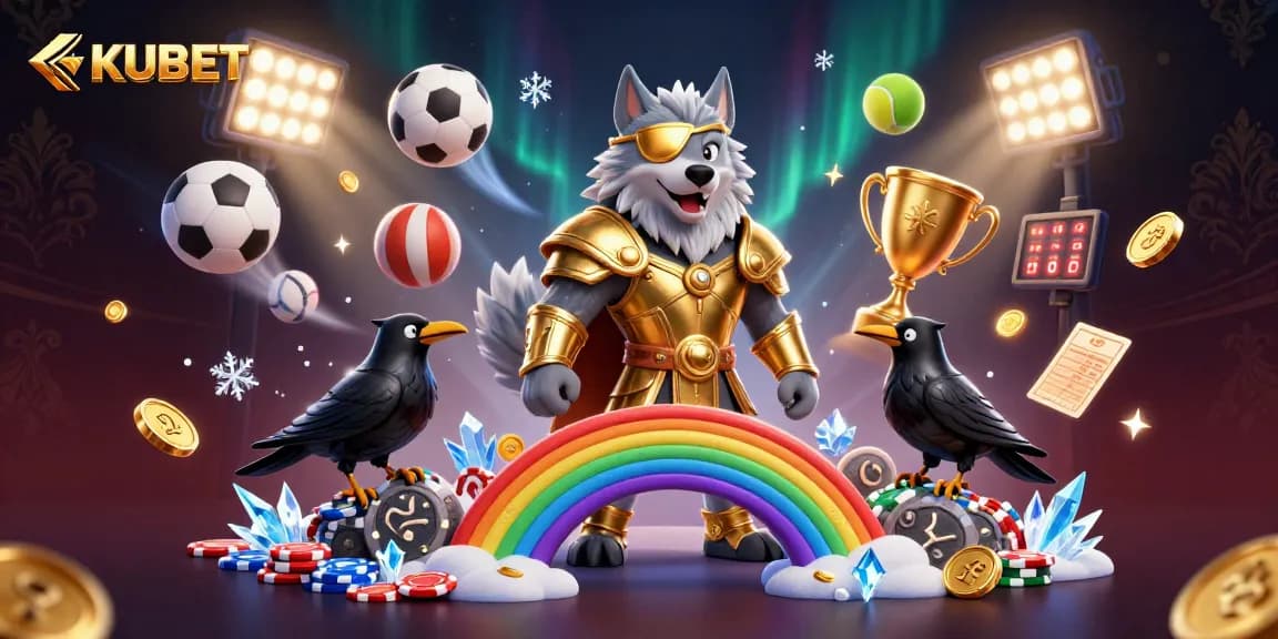 KUBET showcases a dynamic 3D illustration of Odin and ravens in a vibrant casino setting.