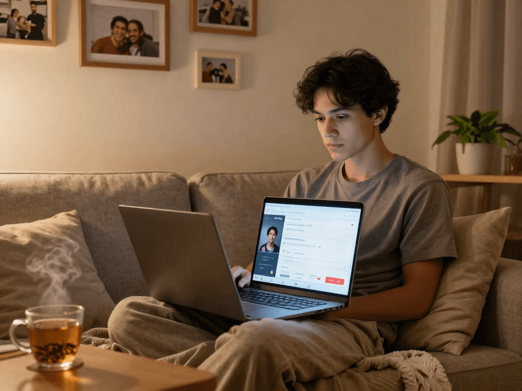 Engaging ai sex chat interaction on a cozy couch, showcasing the warmth of AI-driven connections.