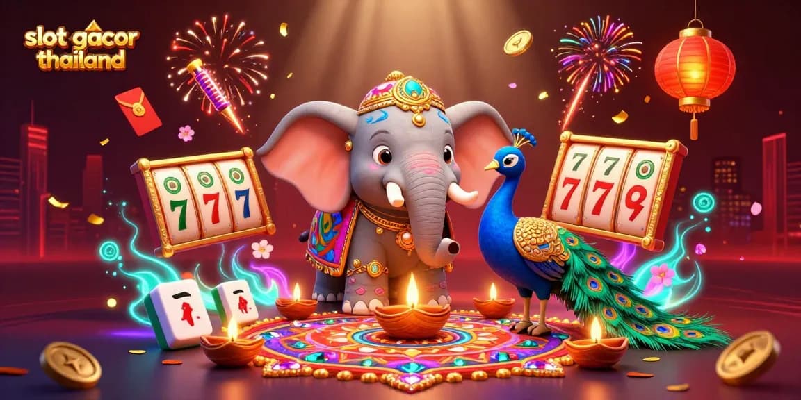 Engage with the vibrant slot gacor thailand illustration featuring colorful elephants and dynamic game elements.