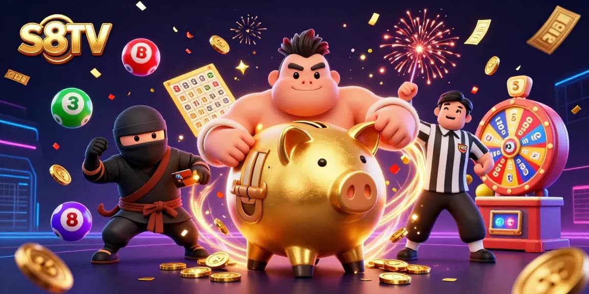 S8TV offers thrilling online betting action with colorful lottery balls and captivating characters in a dynamic 3D scene.