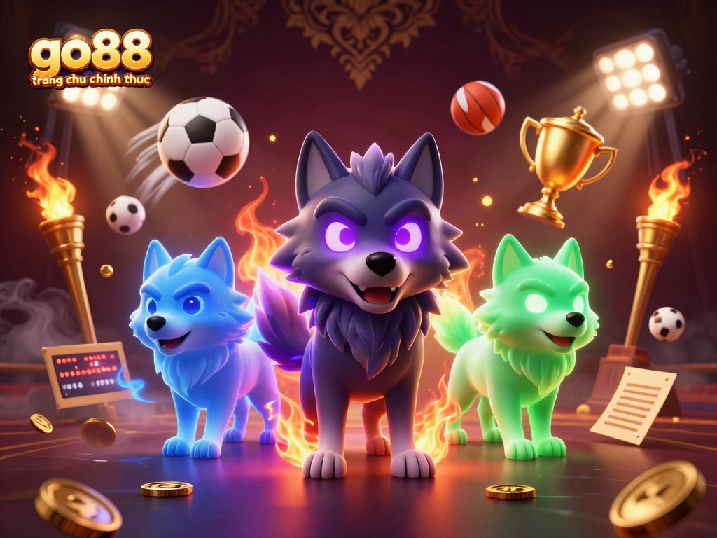 Engage with go88 trang chu chinh thuc, featuring a dynamic 3D casino scene with wolves and sports elements.