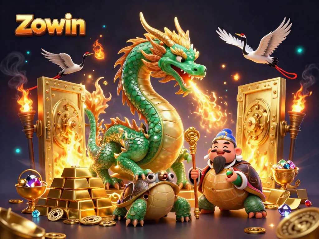 Zowin's exciting casino scene with a vibrant jade dragon, turtle sage, and lucky cranes amidst golden treasures