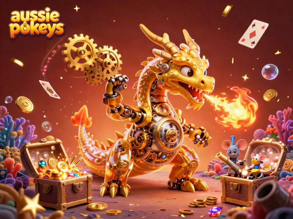 Join the excitement of aussie pokies with a golden dragon and vibrant casino elements in action.