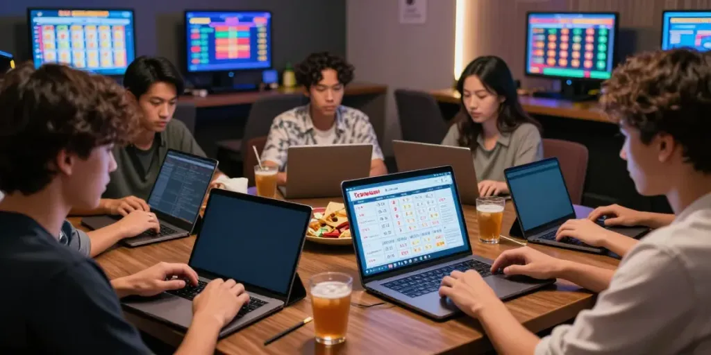 Dewatogel online gambling platform illustrated with engaged players analyzing results in a modern gaming lounge.