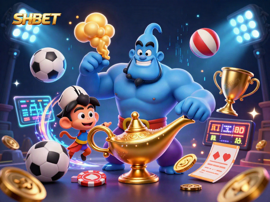 Bet with SHBET and win with the 3D genie and dynamic sports elements in a vibrant casino atmosphere.