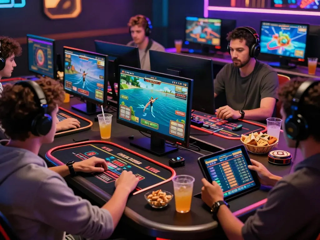 Players immersed in online gaming on DEBET platform highlighting casino games, sports betting, and vibrant atmosphere.