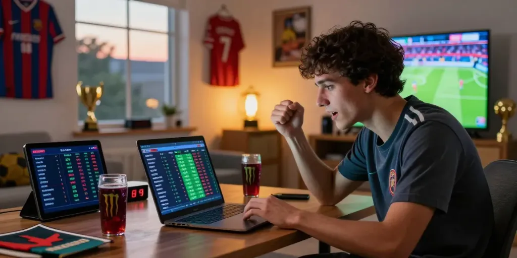 Engaged young man analyzing football statistics while betting on DewaGG in a sports-themed room.
