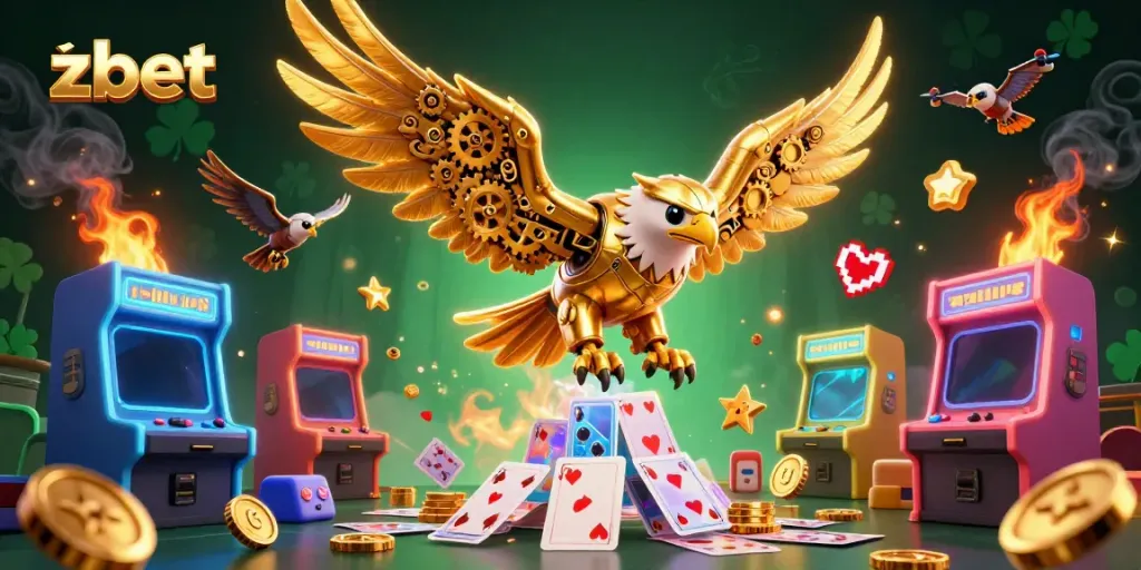 Engage with zbet in a vibrant 3D casino setting featuring a cybernetic eagle amidst gaming elements.