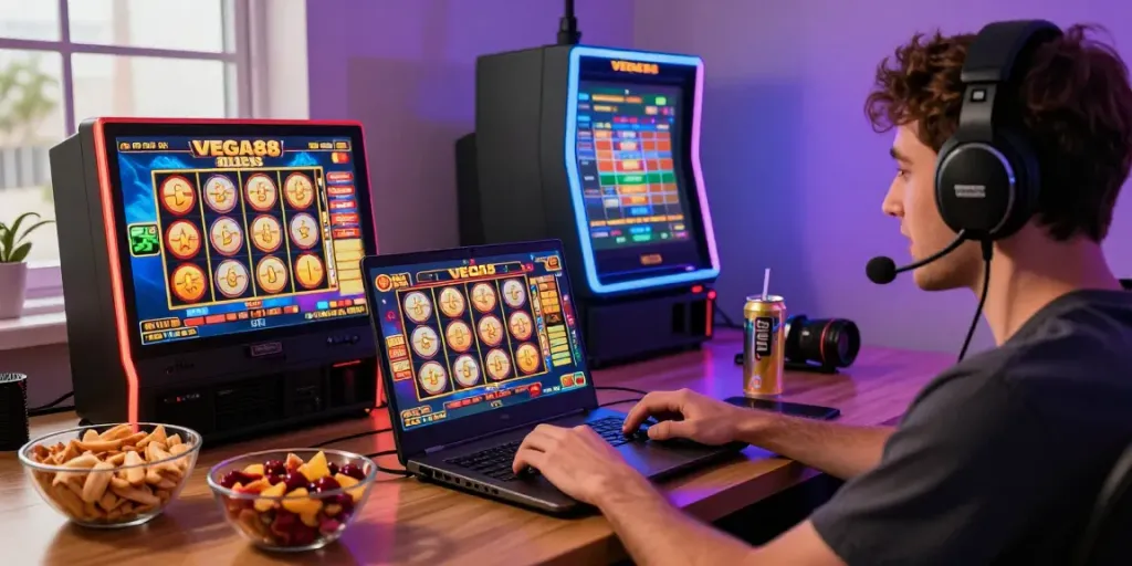 Exciting gaming scene featuring a player enjoying the Vegas88 slot game on a laptop surrounded by vibrant decor and snacks.