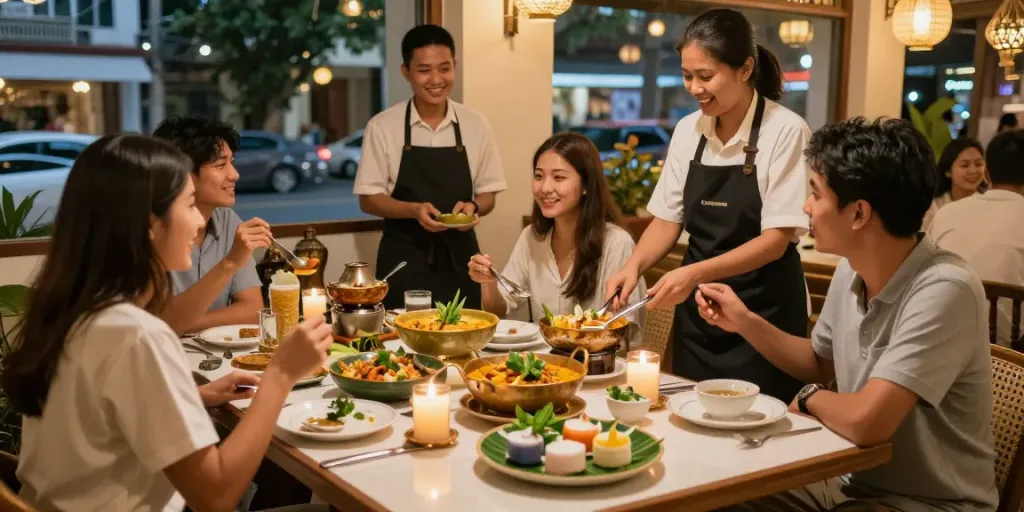 Guests dining at kinalyrestaurant.com enjoying authentic Thai dishes in a warm atmosphere.