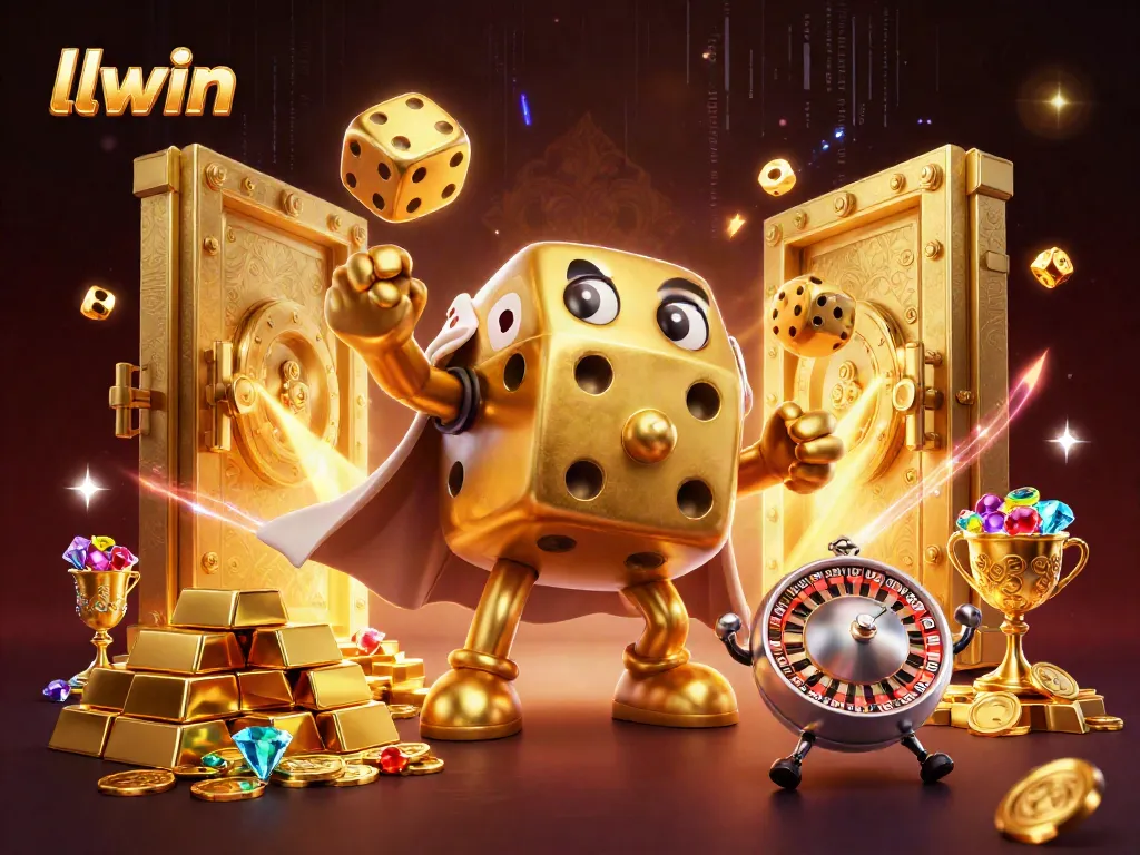 Engage in thrilling gaming with llwin, illustrated with golden dice, jewels, and a roulette head.