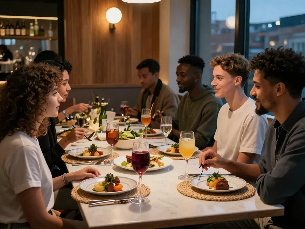 Diverse friends enjoying a gourmet meal at Bedford Social Club in a vibrant urban atmosphere.