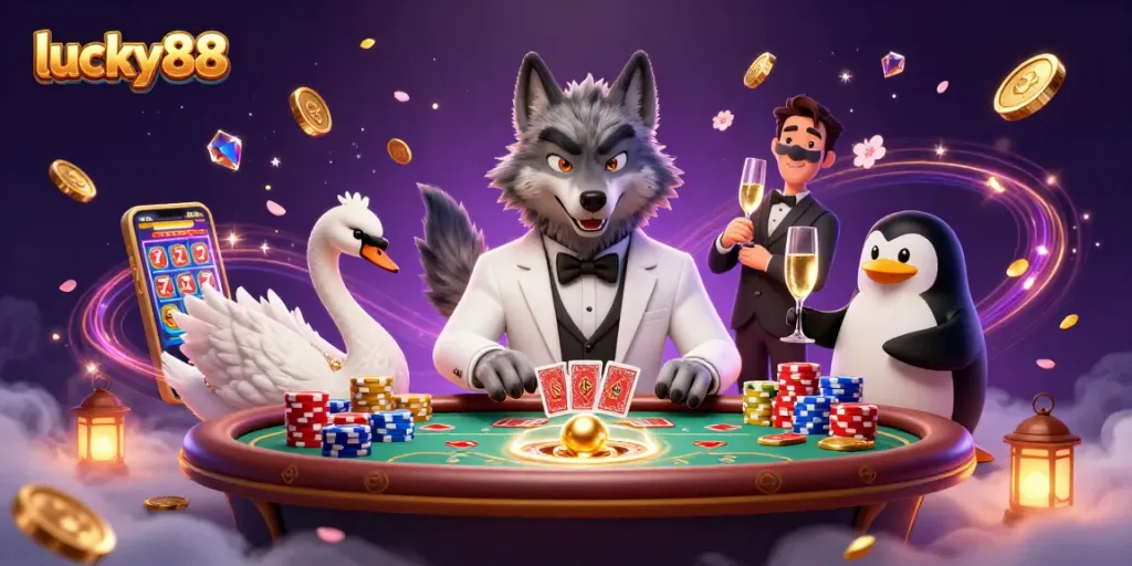 Spin and win with lucky88, featuring a debonair wolf and elegant characters in a vibrant casino scene.