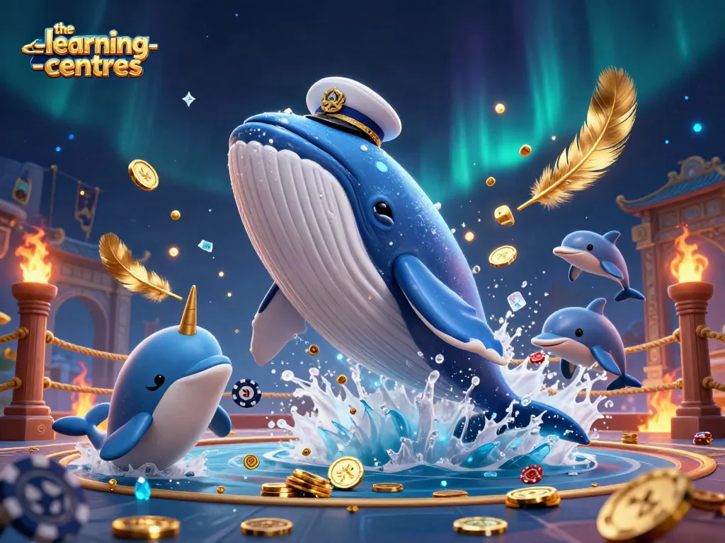 The-learning-centres features a captivating 3D casino illustration with playful dolphins, a captain whale, and a narwhal among coins and casino elements.