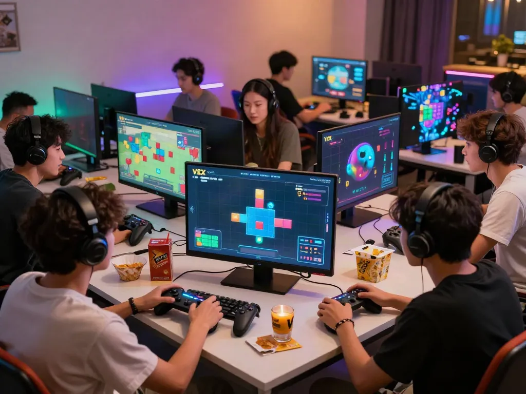 Exciting gaming environment where players engage with Vex puzzles at vexpuzzle.com, showcasing teamwork and vibrant visuals.