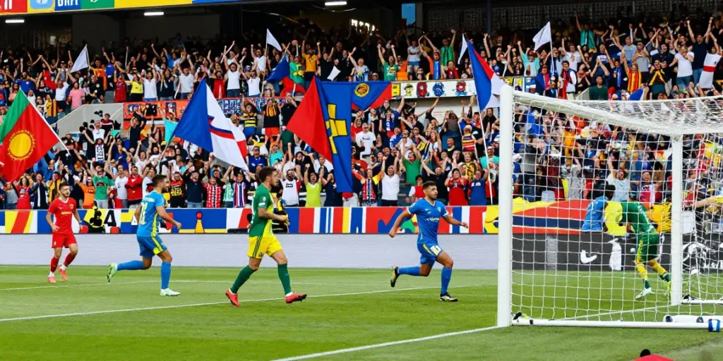 Exciting football match at tebakskor889.org with fans celebrating a goal, showcasing live sports energy.