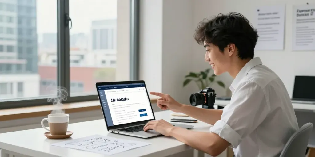 Buy .uk domain registration at a modern workspace with a laptop and city view