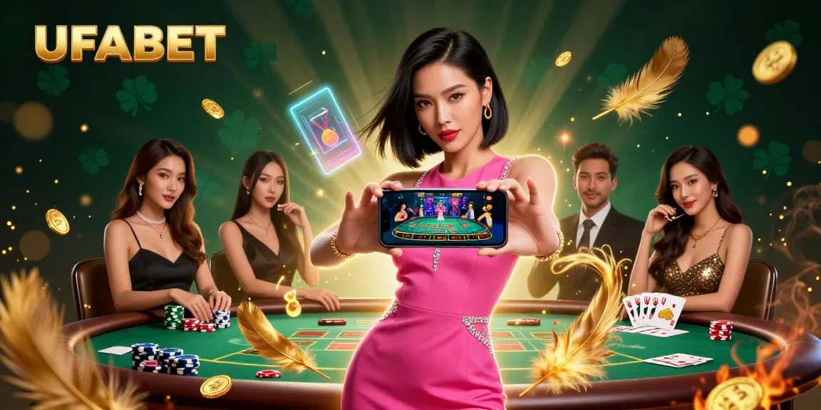 Engage with UFABET's live dealer games showcased by a stylish Asian woman, highlighting luxury and excitement in online gambling.