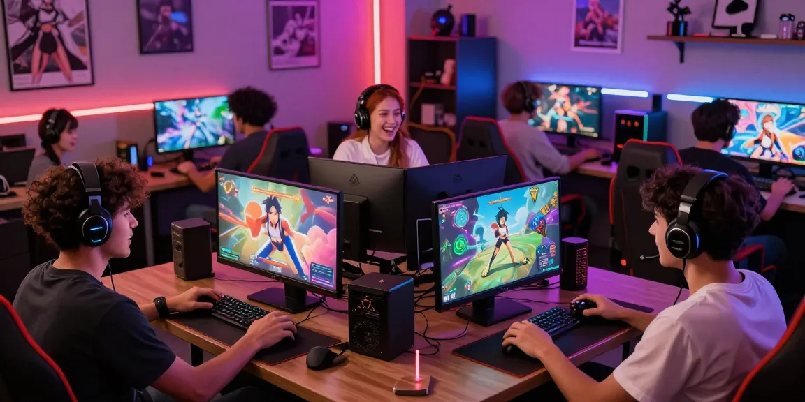 Engaged players enjoying a hentai game in a vibrant gaming lounge.