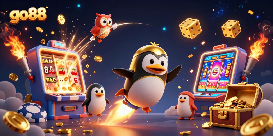 Experience go88's thrilling jackpot excitement with a golden penguin navigating a dynamic casino universe.