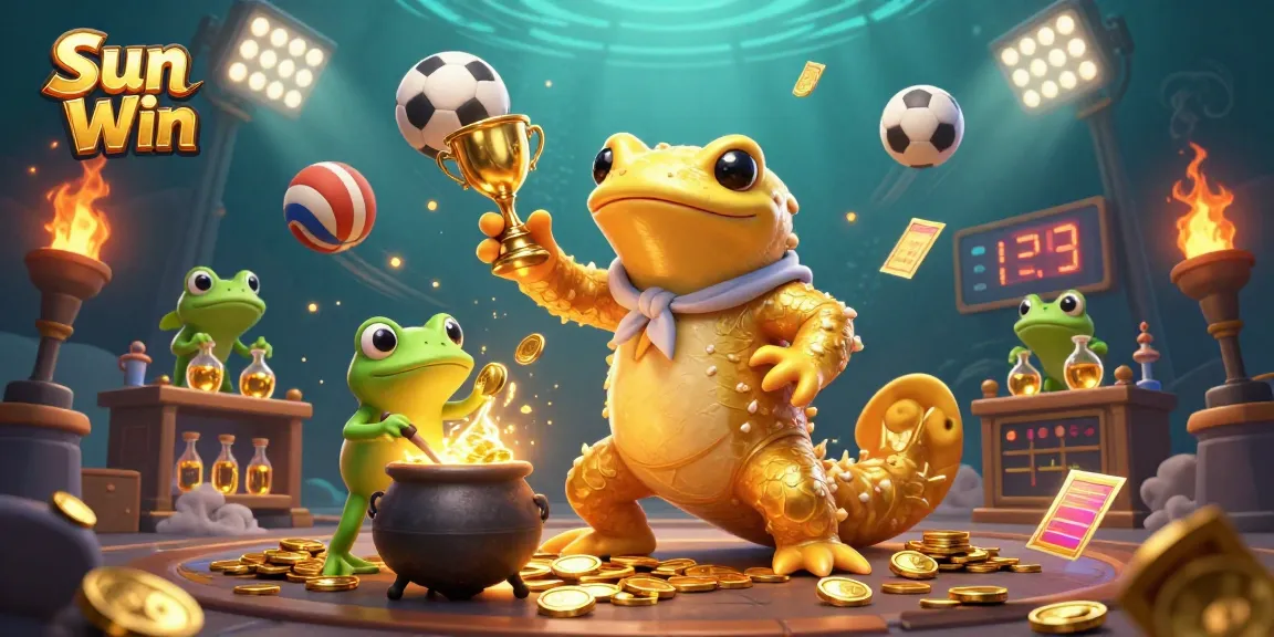 Sun Win showcases a dynamic scene with golden salamander and frog alchemist creating gold coins amidst vibrant gambling elements.