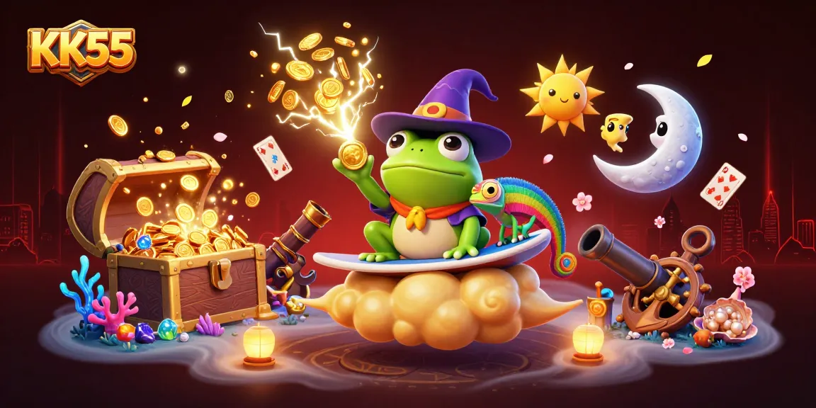 Engage with interactive KK55 gaming featuring golden coin storms and colorful treasures