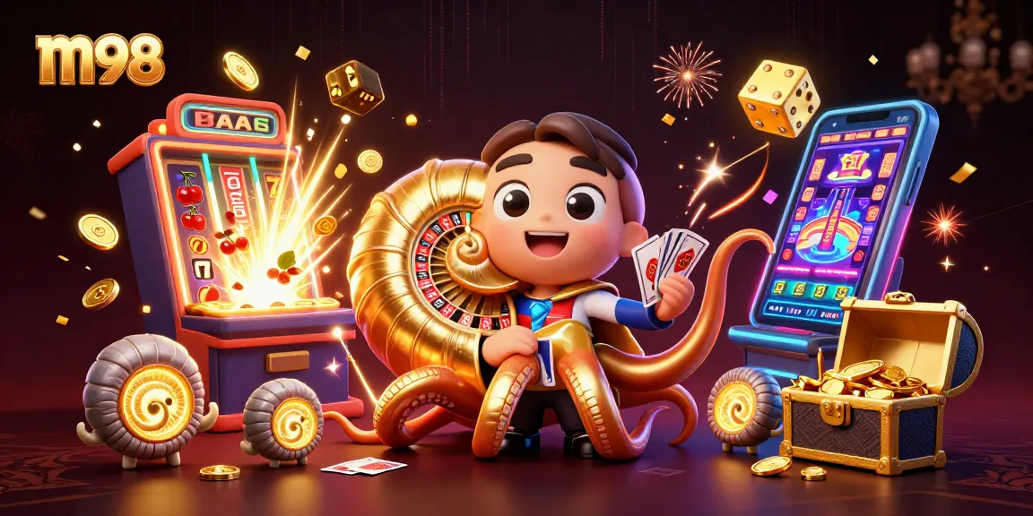M98 casino scene featuring a giant nautilus roulette wheel, slot machine explosion, and vibrant card gameplay.